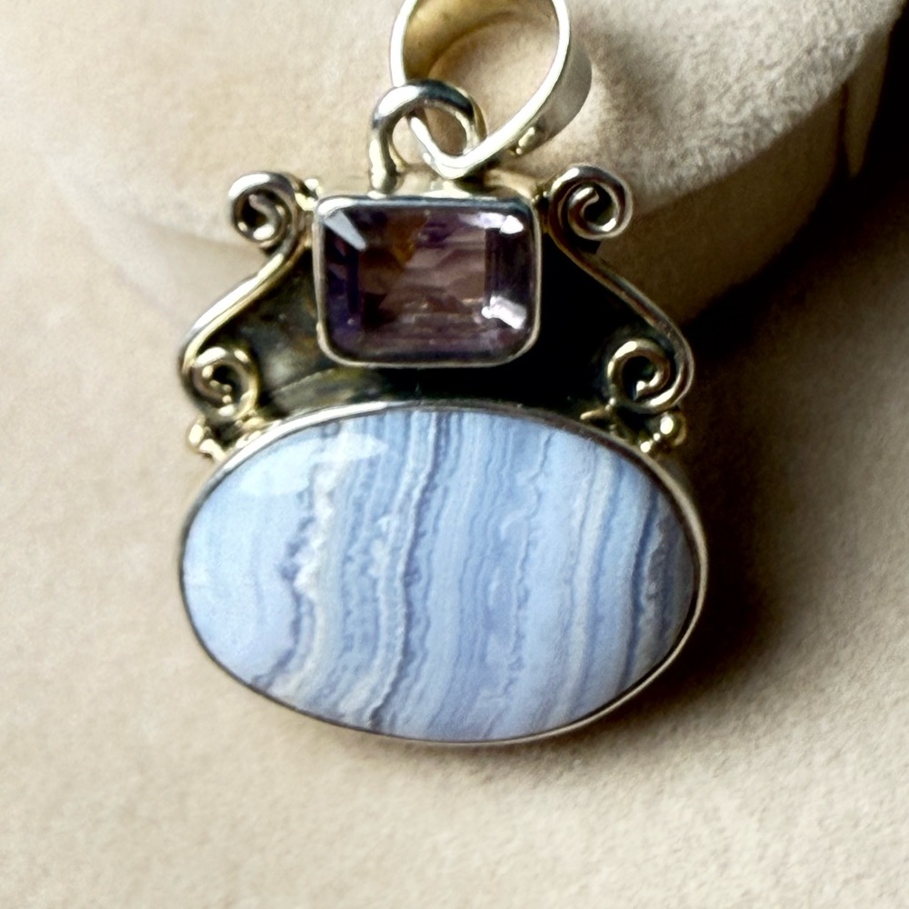 Blue Lace Agate & Amethyst Pendant Sterling Silver 925 NWOT